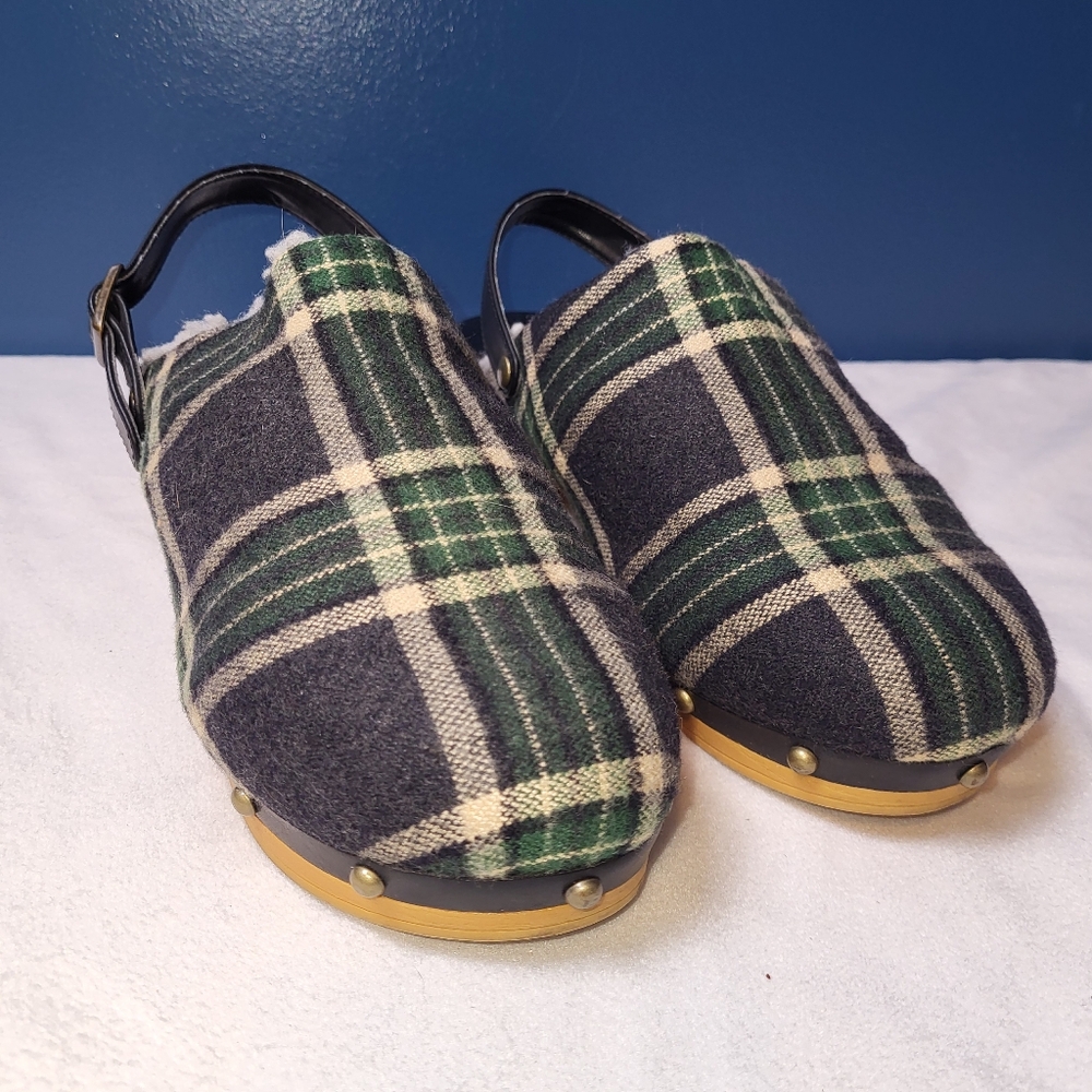 Lands End Plaid Clogs Women's Size 6 Gray Green‎ Plaid Fleece Lined